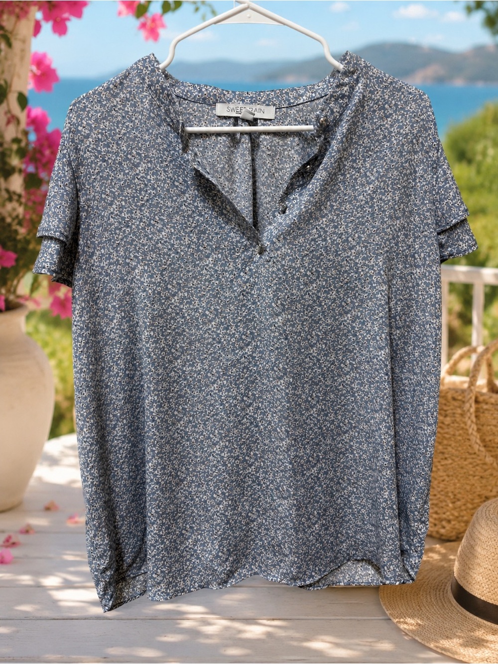 Blue Micro-Floral Split V Neck Blouse by Sweet Rain 1X